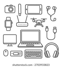 A collection of outline icons representing various modern electronic devices and gadgets including a laptop, smartphone, drone, camera, and headphones.
