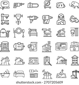 Eine Sammlung von Skizzen-Icons, die verschiedene Werkzeuge und Elemente für Immobilien- und Bauprojekte darstellen, ideal für Design und Entwicklung.