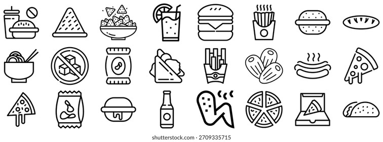 A collection of outline icons representing various fast food items and drinks, including burgers, fries, pizza, and beverages.