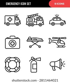 A collection of outline icons representing various emergency services, medical equipment, and rescue tools for public safety and health applications.