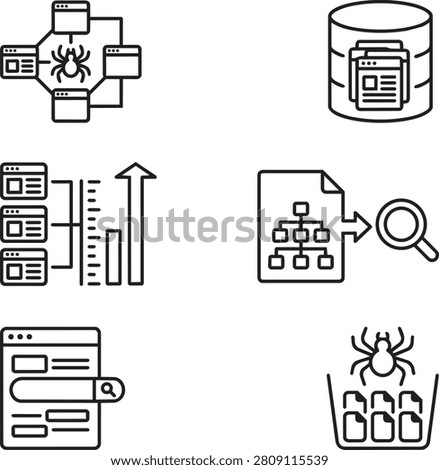 a collection of outline icons representing web spider crawling data indexing and search engine optimization