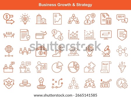 A collection of outline icons represents various business growth and strategy concepts, including finance, team management, analytics, Initial Public Offering (IPO), and investment strategies.