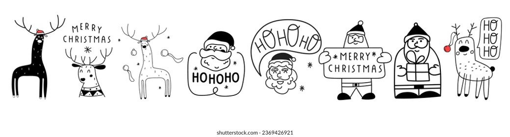 Collection of outline icons. Santa and deer. Christmas elements. Black and white design. Vector illustrations on white background. 