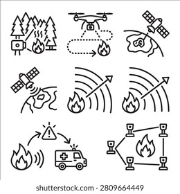 a collection of outline icons showing forest fire surveillance drones satellites and emergency response systems
