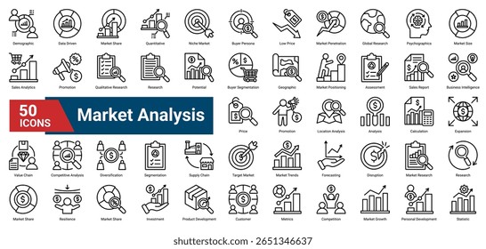 Uma coleção de ícones da Análise de Mercado. Contendo segmentação, participação no mercado, preços, persona do comprador, tendências, previsão e estratégia. Ideal para planejamento de negócios.