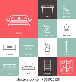 Collection of outline modern furniture symbols and icon. Elements of interior. Template for design Cover, Invitations, Brochure, Signs, Logos, Elements, Labels, Catalog.Vector illustration. Isolated