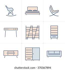 Collection of outline modern furniture symbols and icon. Elements of interior. Template for design. Vector illustration. Isolated