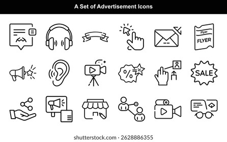 Collection of outline promotion icons with elements like ear, sale tag and hand. Editable stroke on transparent background. Minimalist and clear symbols.