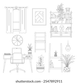 A collection of outline Scandinavian-style interior decor and furniture vector illustrations