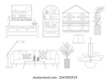A collection of outline Scandinavian-style interior decor and furniture vector illustrations