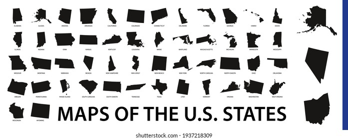 Collection of outline shape of US states map in black. Vector flat design.