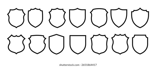 Coleção de ilustração de vetor de ícone de escudo de contorno. Proteção, segurança, medieval, heráldica, segurança, vetor de símbolo de crista