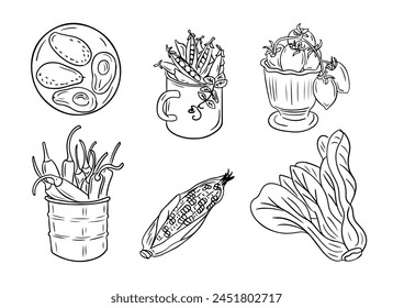 Collection of outline sketchy vegetable drawings. Black outline doodles isolated on white background. Vegan friendly concept. Ideal for coloring pages, tattoo, pattern