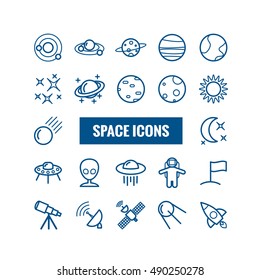 Collection of outline space icons. Linear icons for web, mobile apps, print design