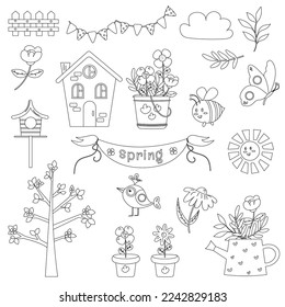 Collection of outline of spring elements. Flowers, bee, butterfly, bird