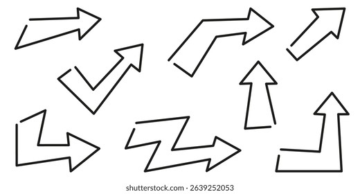 Collection of outline stroke arrows in different directions, vector illustration on isolated background.