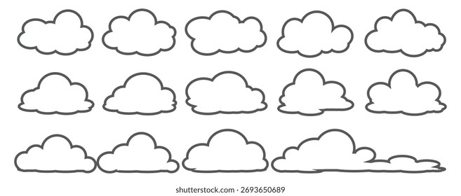 Coleção de ilustrações de bolhas de nuvem de estilo de contorno. Conjunto de vetores de nuvem de desenho animado no design de contorno. Bolhas de nuvens.