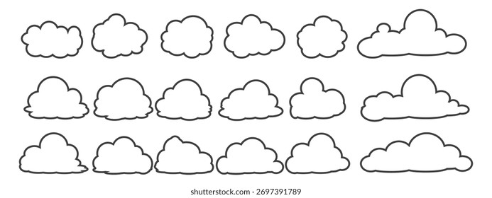 Colección de ilustraciones de burbuja de nube de estilo de contorno. Conjunto de Vectores de nube de dibujos animados en diseño de contorno. Burbujas de nubes.