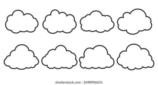Colección de ilustraciones de burbuja de nube de estilo de contorno. Conjunto de Vectores de nube de dibujos animados en diseño de contorno. Burbujas de nubes.