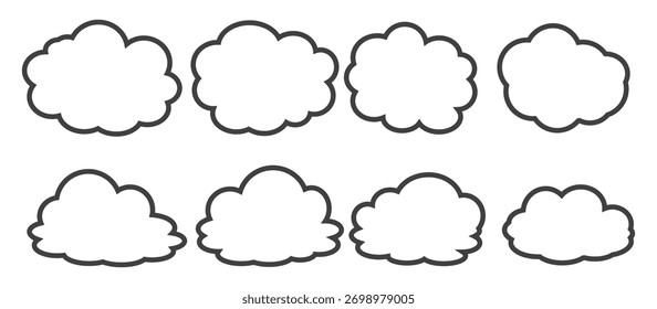 Colección de ilustraciones de burbuja de nube de estilo de contorno. Conjunto de Vectores de nube de dibujos animados en diseño de contorno. Burbujas de nubes.