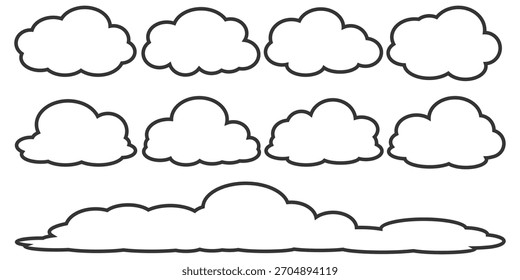 Coleção de ilustrações de bolhas de nuvem de estilo de contorno. Conjunto de vetores de nuvem de desenho animado no design de contorno. Bolhas de nuvens.