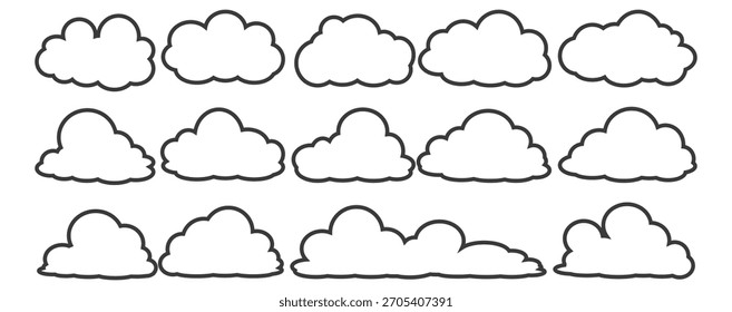 Coleção de ilustrações de bolhas de nuvem de estilo de contorno. Conjunto de vetores de nuvem de desenho animado no design de contorno. Bolhas de nuvens.