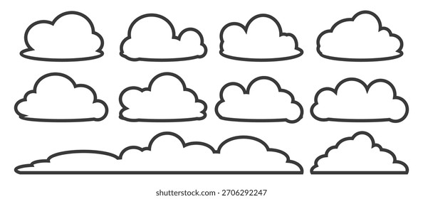 Colección de ilustraciones de burbuja de nube de estilo de contorno. Conjunto de Vectores de nube de dibujos animados en diseño de contorno. Burbujas de nubes.