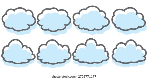Coleção de ilustrações de bolhas de nuvem de estilo de contorno. Conjunto de vetores de nuvem de desenho animado no design de contorno. Bolhas de nuvens.