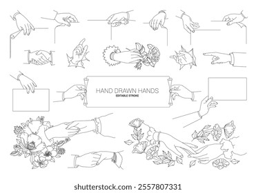 Collection of outline style hands. Hand Drawn set of high detail hand drawn hands and common gestures. Full vector illustrations.