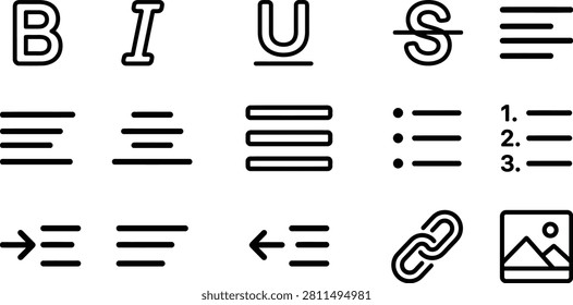 A collection of outline style icons representing text editing, formatting tools, alignment, lists, and document content features for digital interfaces.