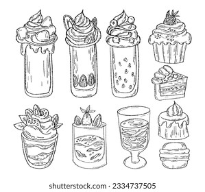 Comida dulce, postres, pasteles, galletas, magdalenas, bollería y leche y nata en copas con bayas. Ilustración vectorial. Dibujos a mano aislados