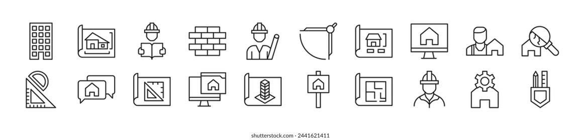 Collection of outline symbol of building. Editable stroke. Simple linear illustration for stores, shops, banners, design 