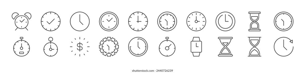 Collection of outline symbol of clock as time. Editable stroke. Simple linear illustration for stores, shops, banners, design 