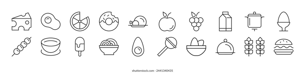 Collection of outline symbol of food. Editable stroke. Simple linear illustration for stores, shops, banners, design 