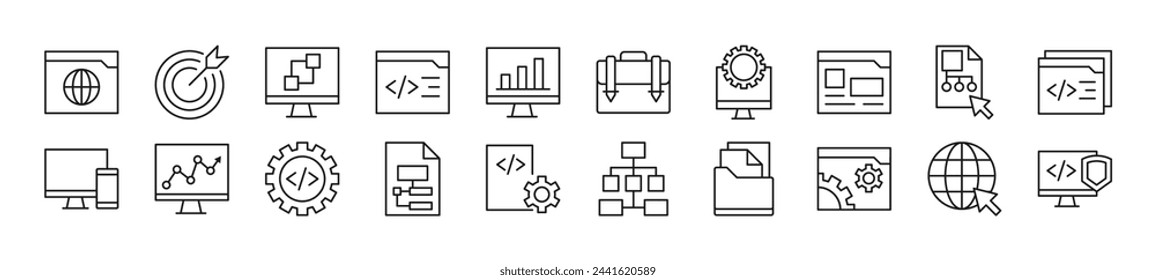 Collection of outline symbol of programming. Editable stroke. Simple linear illustration for stores, shops, banners, design 
