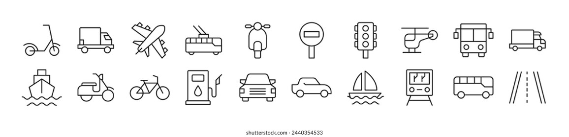 Collection of outline symbol of transport. Editable stroke. Simple linear illustration for stores, shops, banners, design 
