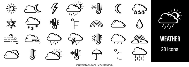 Kollektion von Umrisssymbolen, die unterschiedliche Wetterbedingungen und Temperaturen darstellen