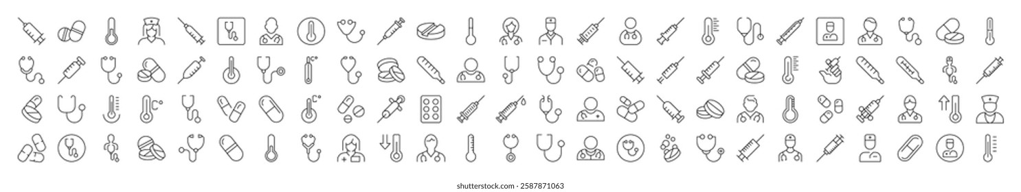 Collection of Outline Symbols of Syringe, Stethoscope, Pills, Thermometer, Doctor Drawn with Thin Line for apps, web sites, banners, infographics and other types of design