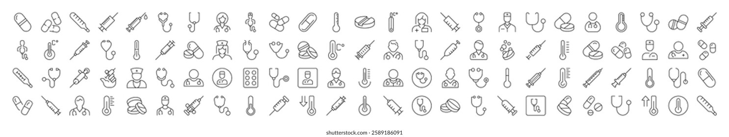 Collection of Outline Symbols of Syringe, Stethoscope, Pills, Thermometer, Doctor Drawn with Thin Line for apps, web sites, banners, infographics and other types of design