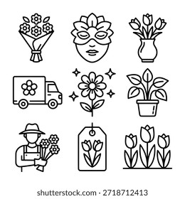 Colección de iconos vectoriales de contorno que representan arreglos florales, entrega y jardinería.