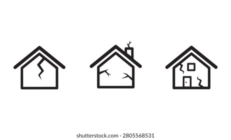 Collection of outline vector icons showing houses with various cracks, representing property damage and repair needs.