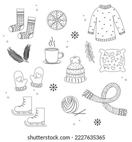 Collection of outline winter elements. Hygge style. Vector