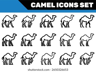 A collection of outlined camel icons are presented in a minimalist style against a bright white background. The camels are depicted in different stances.