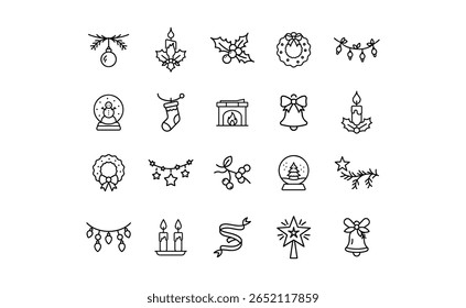 A collection of outlined Christmas icons, including ornaments, candles, wreaths, and other festive decorations. Each icon is rendered in a clean, minimalist style.