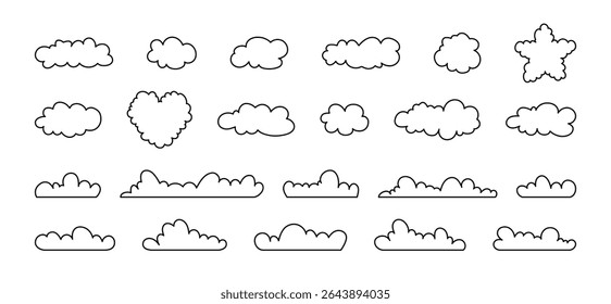 Coleção de formas de nuvem contornadas. Mão desenhado diferentes formas de doodle fofo na cor preta. Coração e estrela do céu símbolos do tempo.