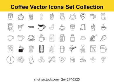 A collection of outlined coffee icons, including cups, beans, machines, and other related items, perfect for design projects.