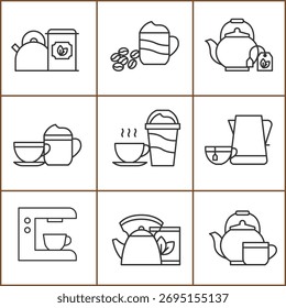 Collection of outlined coffee and tea icons for beverage concepts.