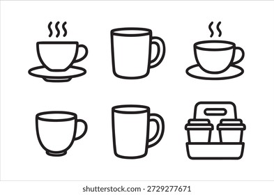 Uma coleção de copos e recipientes delineados, perfeitos para representar bebidas e cafés.