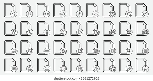 Collection of outlined document icons with various symbols, such as arrows, hearts, checks, and play buttons. Perfect for file management, user interface, or organizational designs.