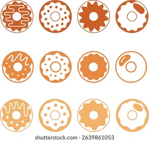A collection of outlined doughnut illustrations, featuring various pastry designs and toppings, set on a clean transparent background.